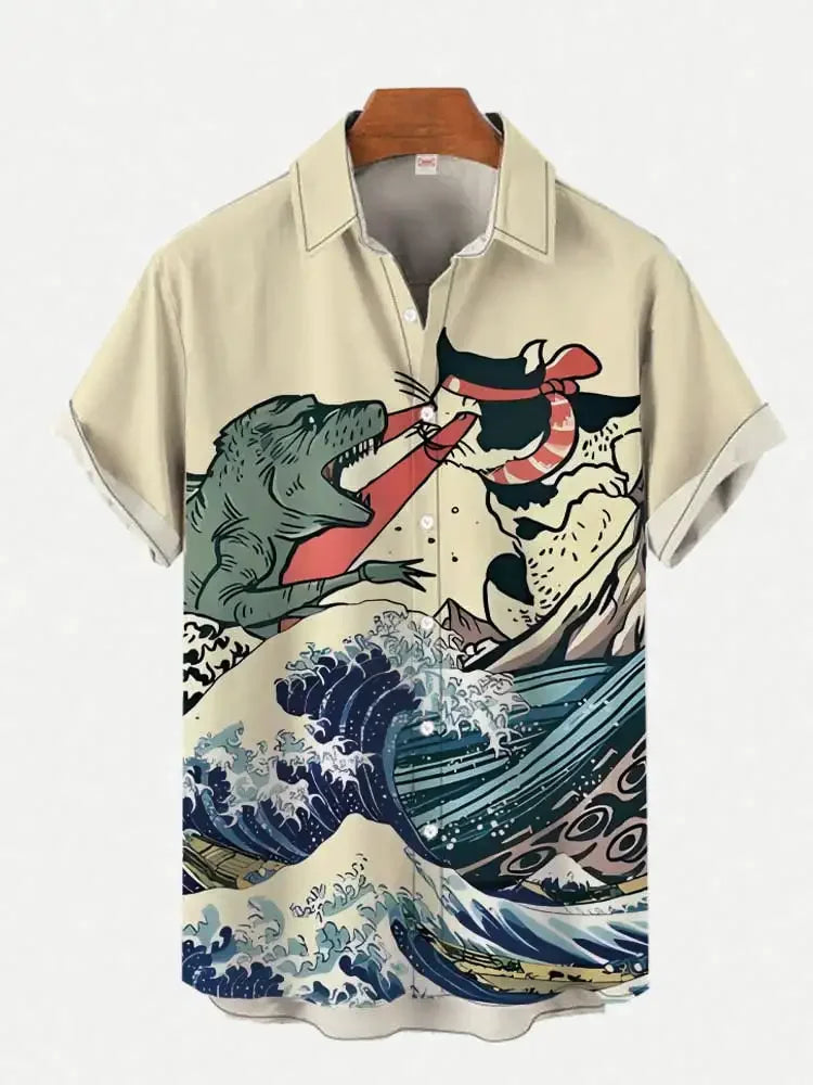 Japanese high-end art style aircraft print men's short-sleeved shirt casual men's Hawaiian short-sleeved top 2024 new men's shir