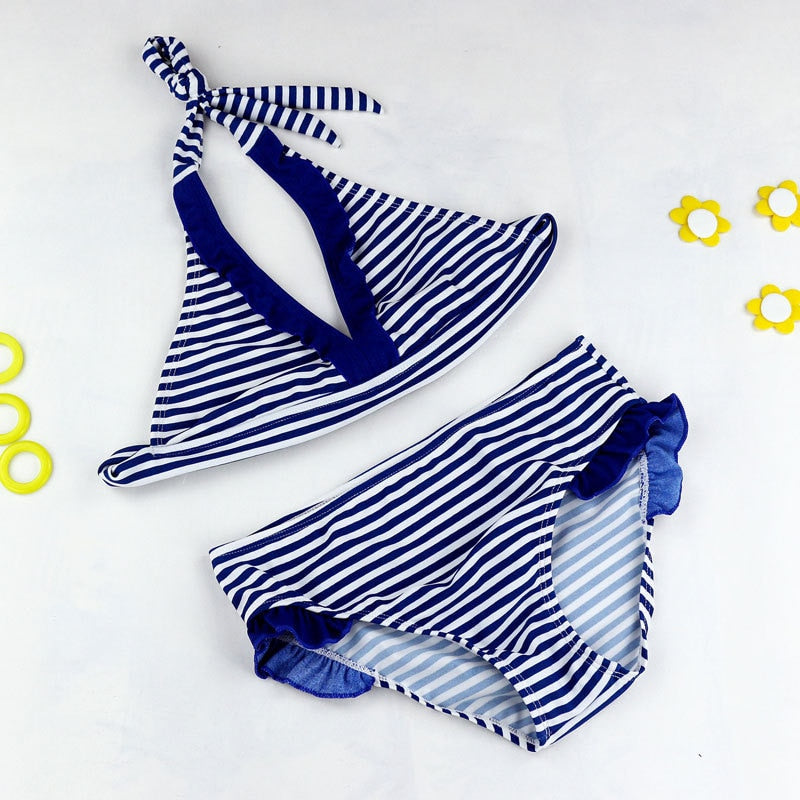 2023 New Summer Girls Close-fitting Elastic Stripe Swimsuit Girls Split Two-pieces Swimwear, Children Stripe Bikini Wholesale