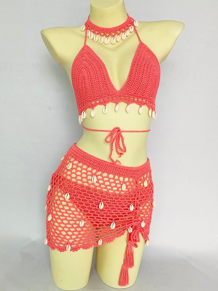 Woman Bikini Set Crochet Shell Tassel Top Sexy Thong Bottom See-Through Hollow Out Bandage High Waist Short Beach Skirt