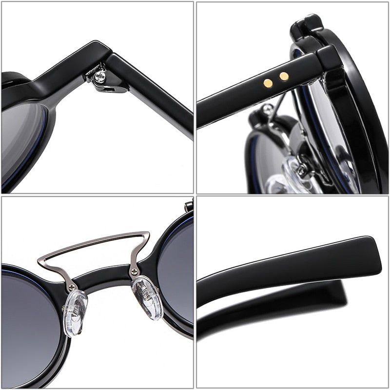 SO&amp;EI Ins Popular Fashion Small Round Punk Double Bridges Women Sunglasses Retro Flip Lens Shades UV400 Men Rivets Sun Glasses