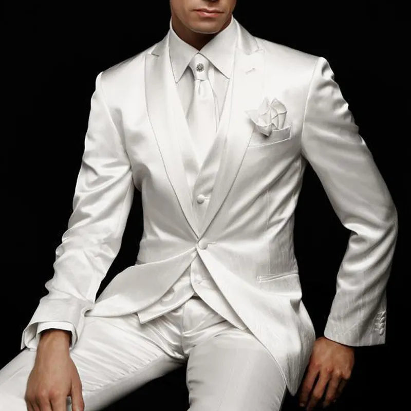 White Slim Fit Mens Suit for Wedding Groom Tuxedos 3 Piece Custom Satin Male Fashion Set Jacket with Pants Vest Latest Style