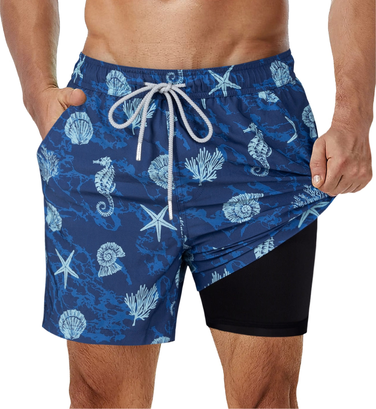 SURFCUZ Mens Swimming Trunks with Compression Liner Stretch Mens Swimwear 2 in 1 Quick Dry Running Gym Swim Shorts for Men