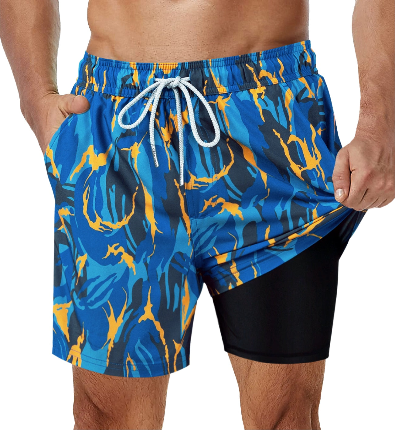 SURFCUZ Mens Swimming Trunks with Compression Liner Stretch Mens Swimwear 2 in 1 Quick Dry Running Gym Swim Shorts for Men