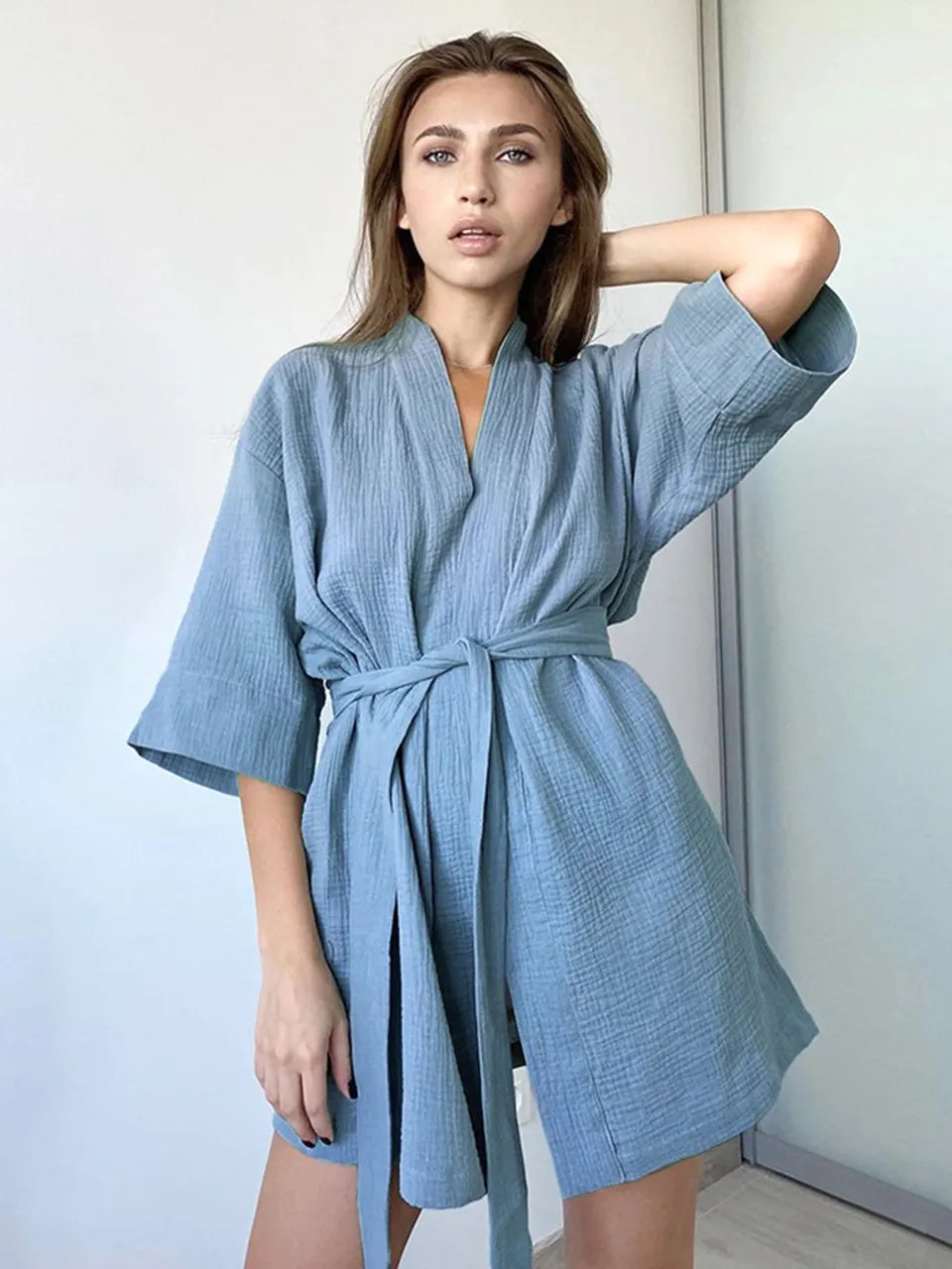 Crape Cotton Robe Women&#39;s Nightwear Mini Bathrobes Lace Up Sleepwear Muslin Women&#39;S Home Clothes Solid Color Robes Women Nightie