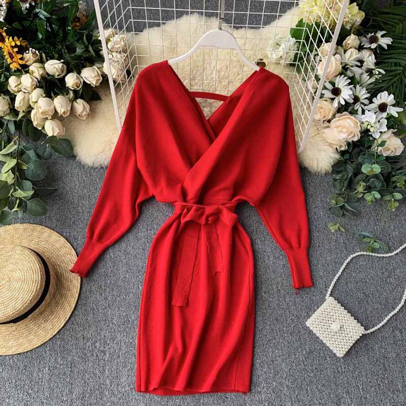 YuooMuoo Autumn Winter Women Knitted Sweater Dress 2022 New Korean Long Batwing Sleeve V Neck Elegant Dress Ladies Bandage Dress