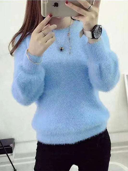 Winter Imitate Mink Wool Hot Fleecing Female O-neck Long Puff Sleeve  Elastic Casual Sweater Women Knitted Tops Pullovers Solid