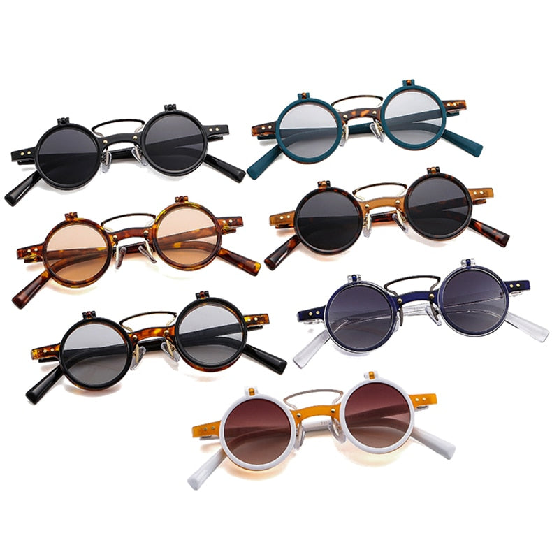 SO&amp;EI Ins Popular Fashion Small Round Punk Double Bridges Women Sunglasses Retro Flip Lens Shades UV400 Men Rivets Sun Glasses