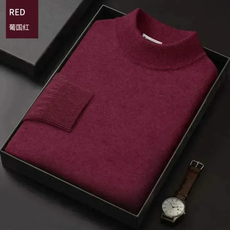 New 2023 Men's Mock Collar 100% Pure Woolen Sweater Tops Autumn Winter Cashmere Sweater Men Pullover Knitted Warm Sweater Male