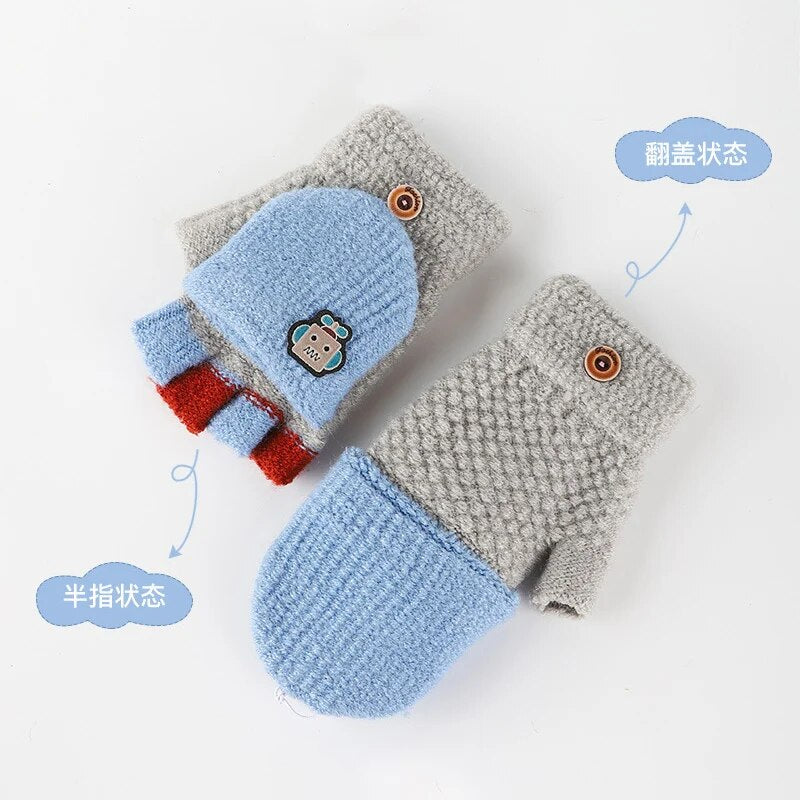 5-12 Years Winter Kids Warm Gloves Children Knitted Stretch Mittens Boy Girl Patchwork Elastic Fingerless Children Winter Gloves