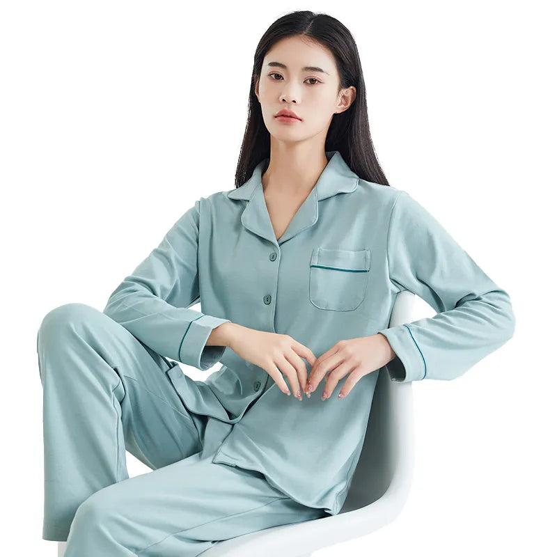 Green Cotton Pajama for Women PJ Full Sleeves Homewear Pijama Mujer Invierno Fine Cotton Sleepwear 2PCS Pyjama Femme Home Cloth