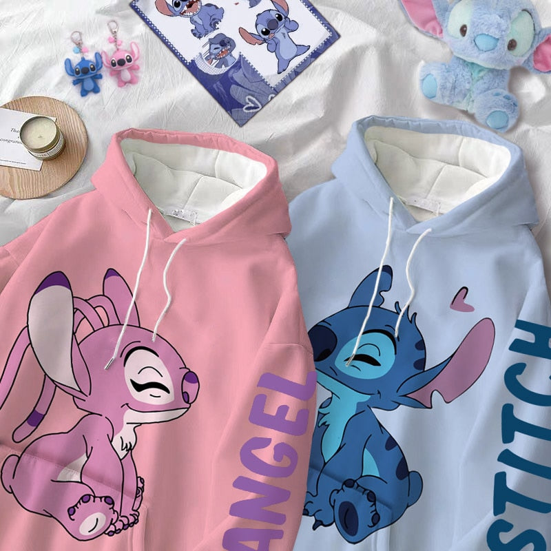 Disney Hoodie Fashion Stitch Angel Monster Letter Cartoon Sweatshirt Pullover Cute Harajuku Unisex Women&#39;s Pocket Top