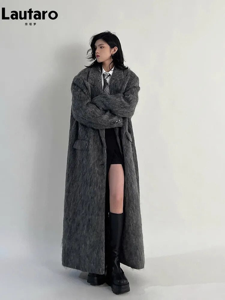 Lautaro Autumn Winter Clothes Women Oversized Extra Long Casual Warm Grey Wool & Blends Coat Women Maxi Fluffy Woolen Overcoat