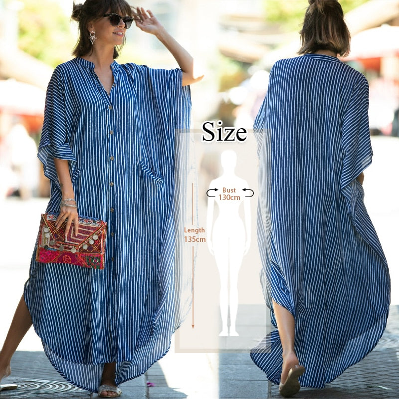 2023 Sexy Cold Shoulder V Neck Bats Sleeve Loose Summer Beach Dress Plus Size Women Beachwear Kaftan Black Dresses Q943