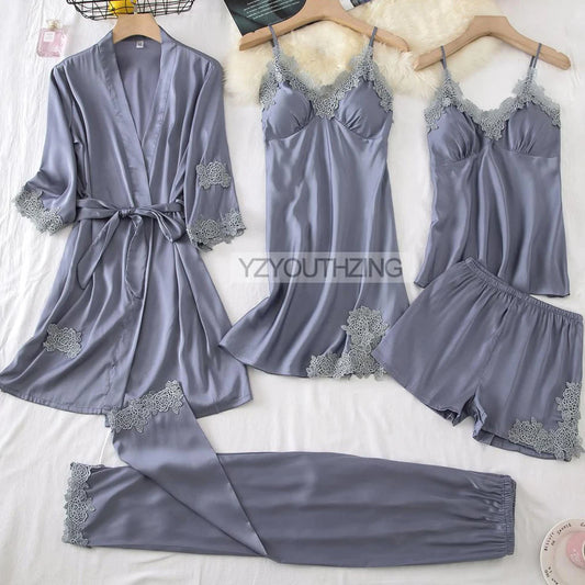 Lace PJ&#39;s Women Pajamas Suit Satin Sexy Sleepwear Summer Pyjamas With Trousers Nightgown V-Neck Kimono Robe Gown Set Lingerie