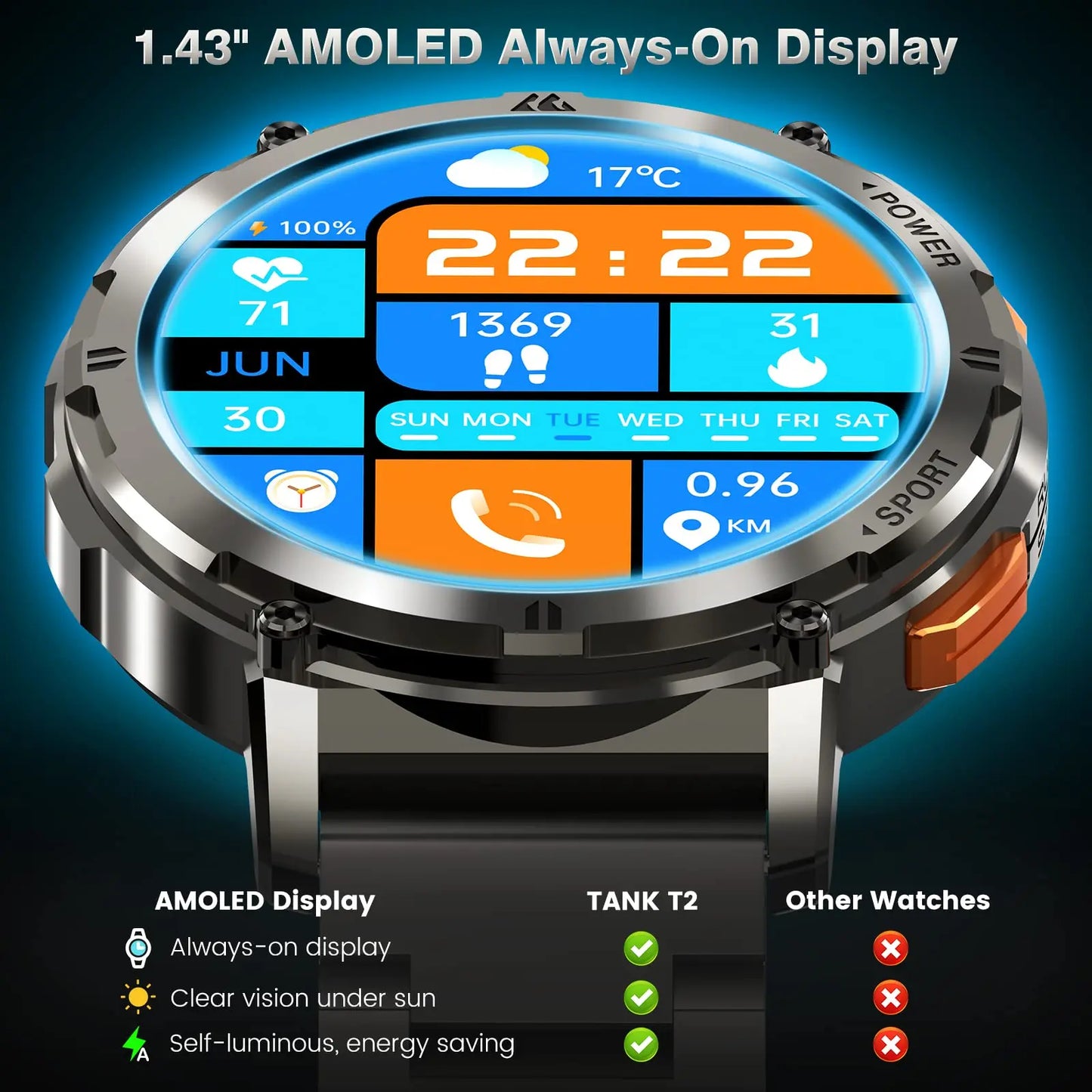 2023 KOSPET TANK T2 Smartwatch Bluetooth Call AMOLED AOD Men's Watch 5ATM Waterproof Sport Fitness Tracker Smart Watches For Men