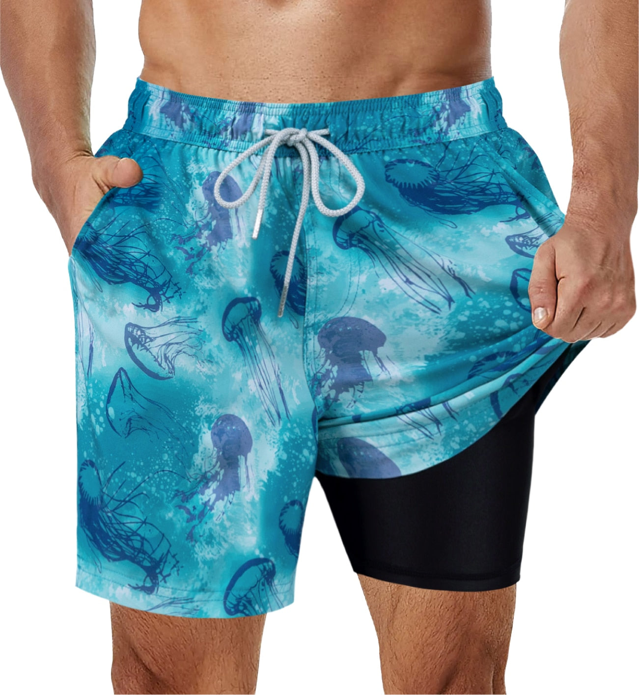 SURFCUZ Mens Swimming Trunks with Compression Liner Stretch Mens Swimwear 2 in 1 Quick Dry Running Gym Swim Shorts for Men