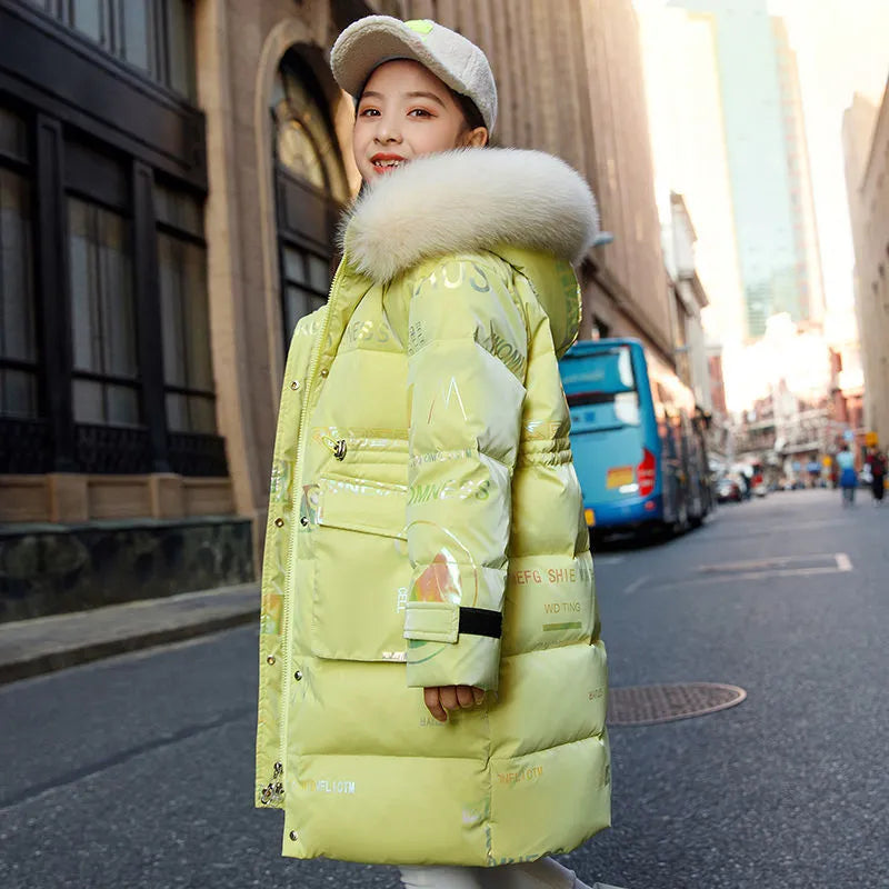 6-14 Years Girls Down Jacket Winter Keep Warm Long Style Parka Hooded Zipper Fur Collar Girls Outerwear Christmas Kids Clothes