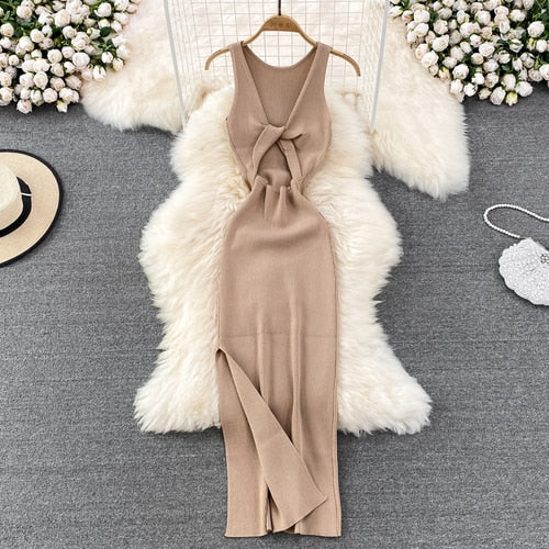 Sleeveless Hollow Split Wrap Dress Midi Sexy Fashion Elastic Tight Party Elegant Vestidos Chic Beach Vacation Summer Women Dress