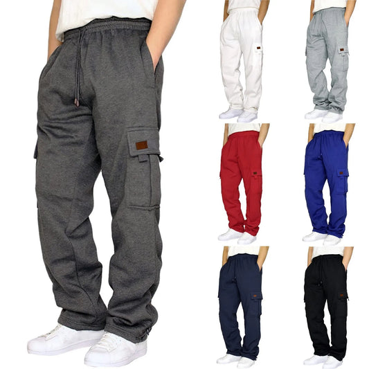 2023 Autumn Sweatpants Men Multi-Pockets Elastic Drawstring Casual Track Pant Male Loose Straight Trousers Fitness Fleece Pants