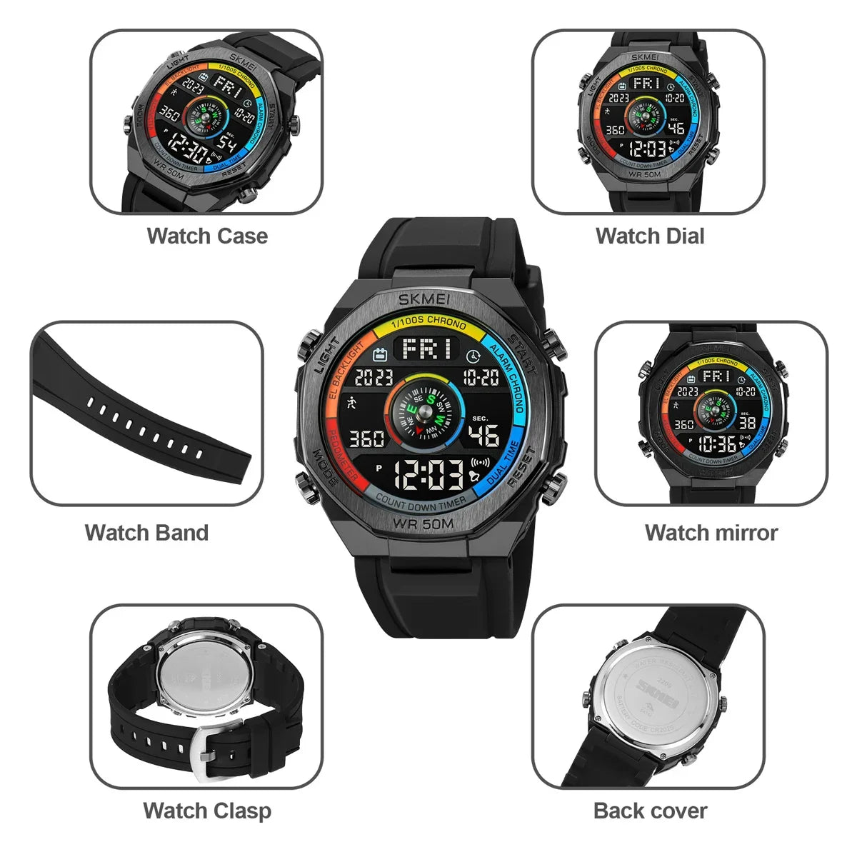 SKMEI 2209 Sports Electronic Watch Men's Outdoor Sports Compass Electronic Watch Multifunctional Waterproof LED Watch