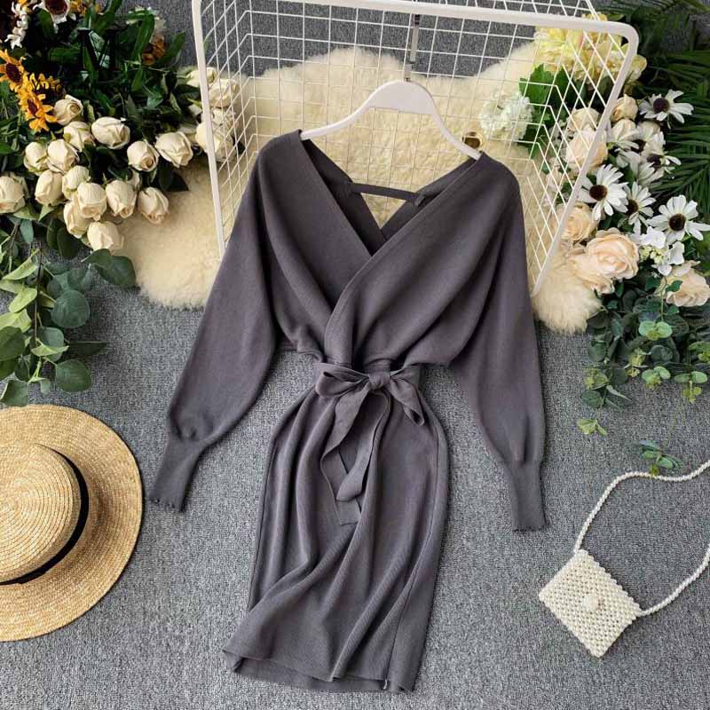 YuooMuoo Autumn Winter Women Knitted Sweater Dress 2022 New Korean Long Batwing Sleeve V Neck Elegant Dress Ladies Bandage Dress