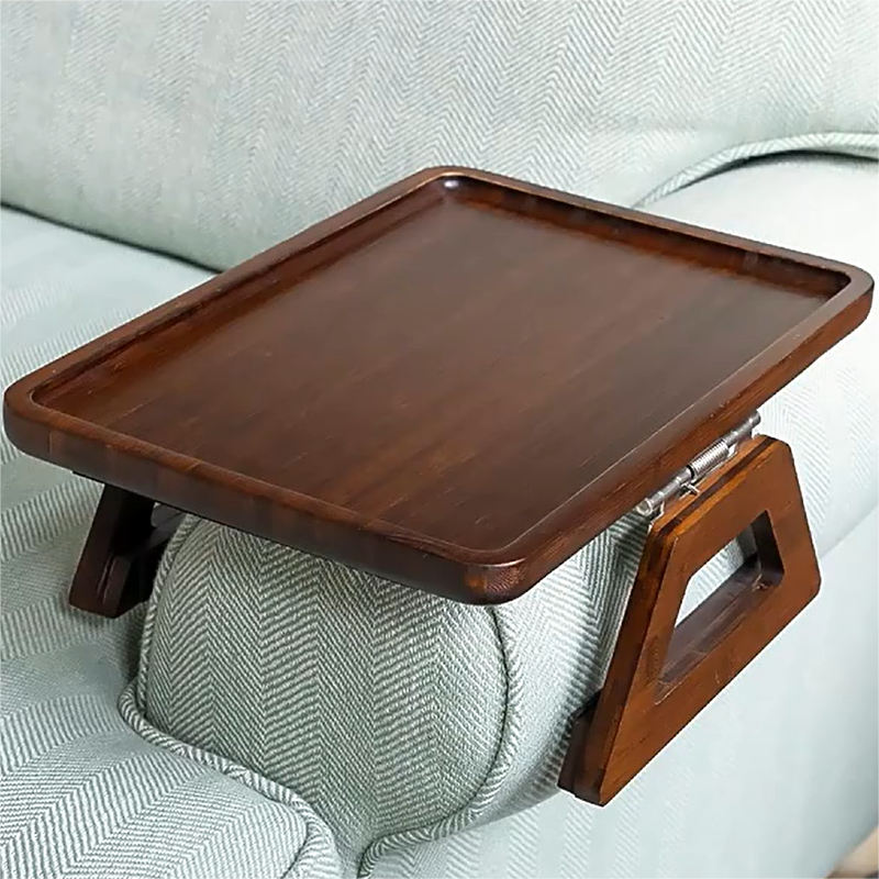 Foldable Bamboo Sofa Armrest Table, Clip On Couch Arm for Eating &amp; Drinking