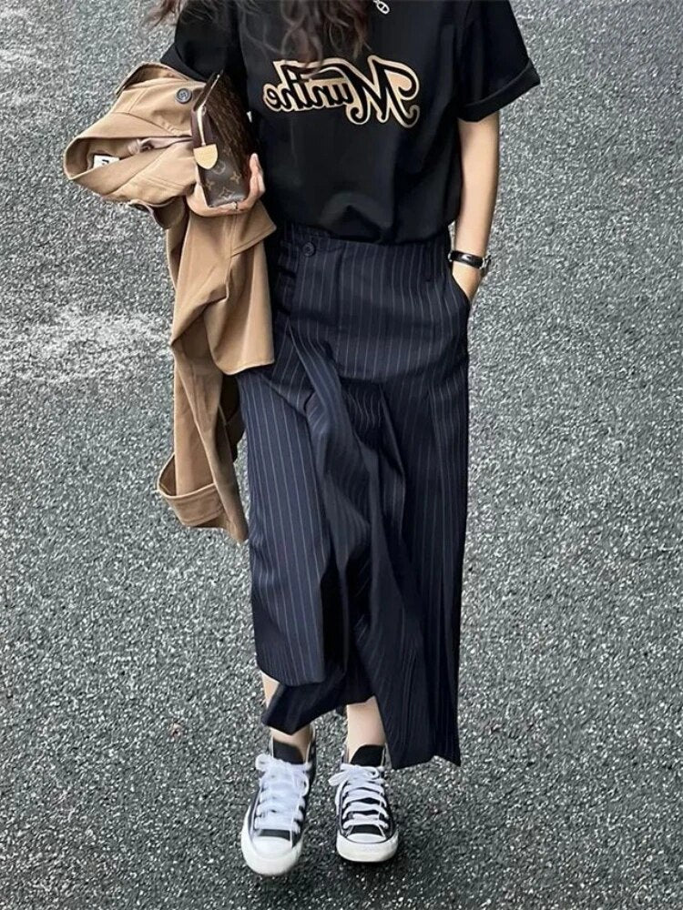 Fashion Striped Suit Pleated Skirt Women 2023 New Summer Harajuku High Waisted Skirts Y2k Streetwear Pocket Slim Long Skirts