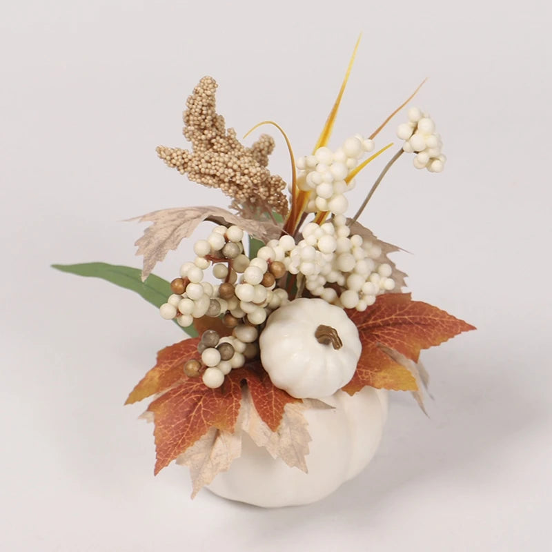 Fall Thanksgiving Decorations Autumn Harvest Artificial Pumpkin Arrangement with Berries Maple Leaves for Table