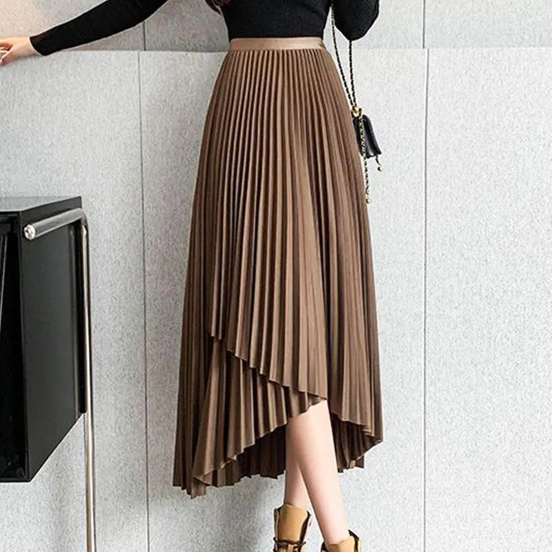 Korean Temperament High Waist Asymmetrical Pleated Skirt 2023 Summer New Style Midi Skirts Solid Color Chic Slit A-line Skirt