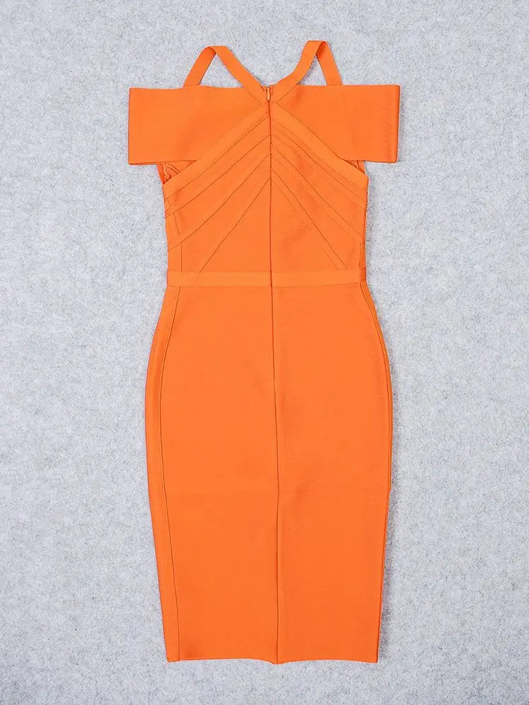 BEAUKEY Orange Bodycon Quality Bandage Dress Women Sexy Strapless V Neck Party Club Dress Celebrity Maxi Off Shoulder Vestidos