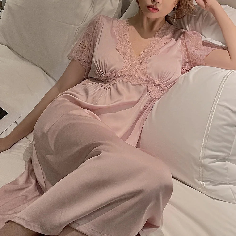 Summer Satin Night Dress Women Sleepwear With Bras Long Lace Nightgown Short Sleeve Sleepdress Loose Intimate Lingerie Nightwear