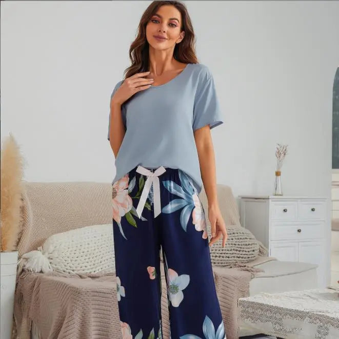 Breathable 2PCS Pajama Short Sleeve Printed Pijama Mujer Femme Loose Nightwear Suit Female Casual Homewear Pajama Set For Women