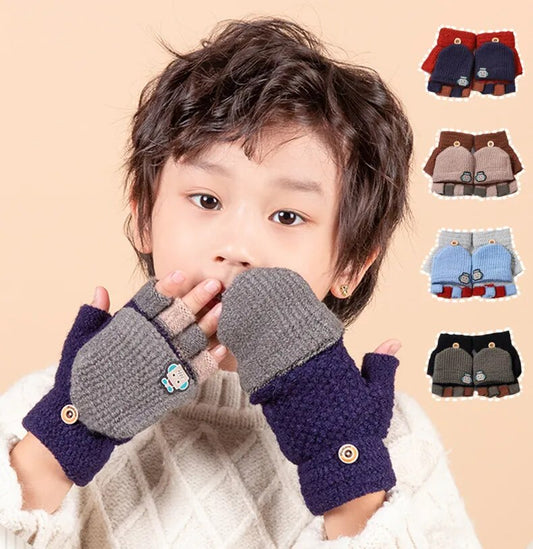 5-12 Years Winter Kids Warm Gloves Children Knitted Stretch Mittens Boy Girl Patchwork Elastic Fingerless Children Winter Gloves