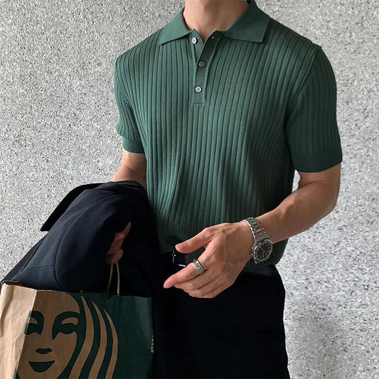 Summer Men's Clothing Retro Knit Lapel Striped Polo Shirt Solid Color Short Sleeve Fashion Light Luxury Popular Knitwear M-3XL