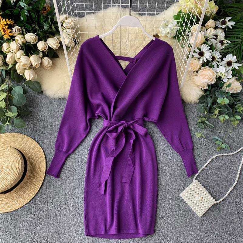 YuooMuoo Autumn Winter Women Knitted Sweater Dress 2022 New Korean Long Batwing Sleeve V Neck Elegant Dress Ladies Bandage Dress