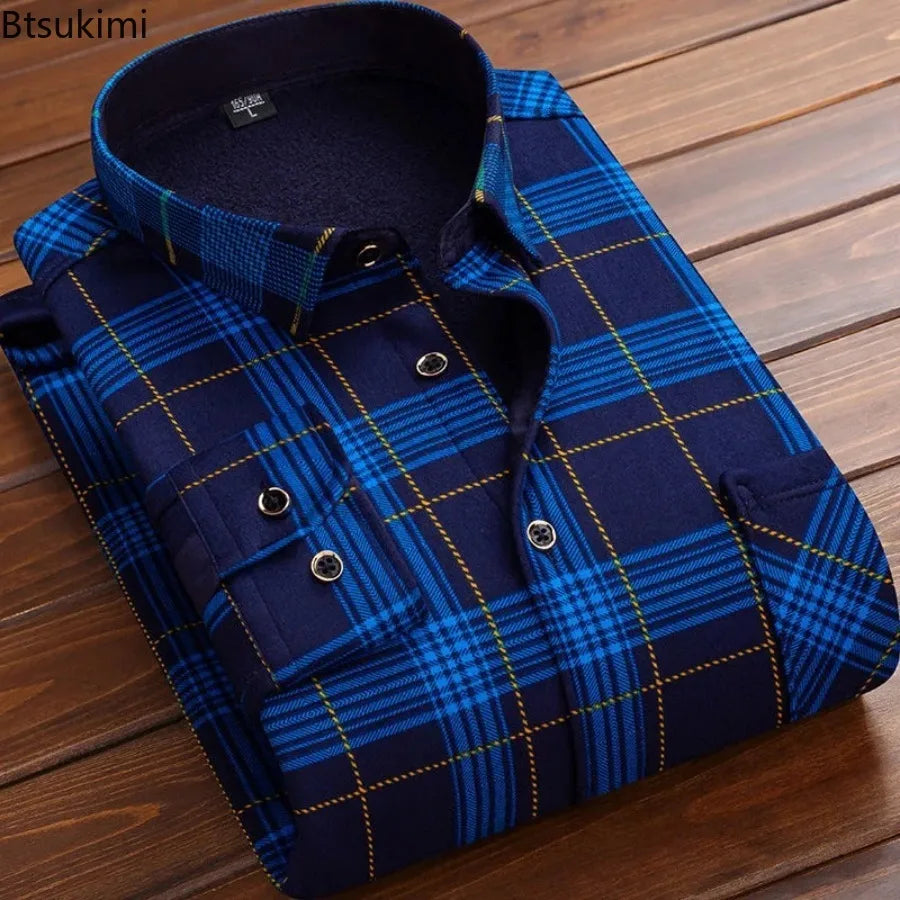 New 2024 Men's Warm Clothes Fashion Men's Print Long Sleeve Shirt Autumn Winter Thick Warm Shirt Tops Male Casual Dress Shirts