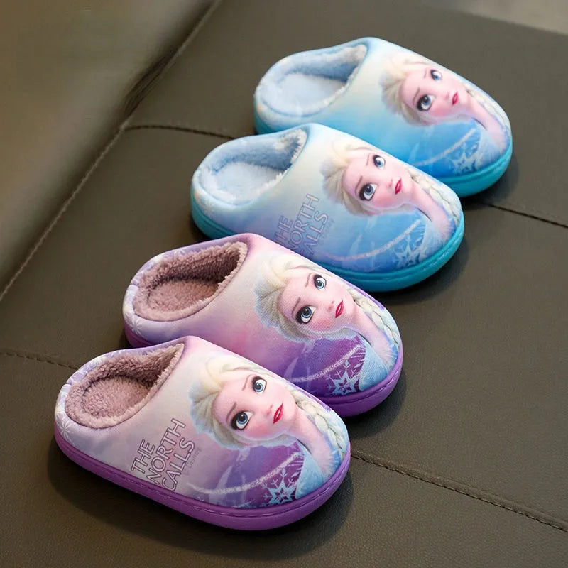 Disney Princess Sofia Elsa Winter Children's Cotton Slippers Girl's Parent-child Snow Non Slip Warm Baby Slippers Size 24-39