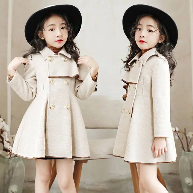 Girls Warm Woolen Coat Winter Thicken Outerwear Girl Woolen Jacket Kids Ruffle Sleeves Long Overcoat Autumn Fashion Girl Jackets