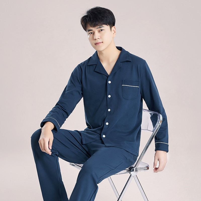 Winter 100% Cotton Pajamas Men Blue Sleepwear  Warm Pyjama Homme Cotton Pijamas Hombre Invierno Cotton Plaid Pyjamas Plus Size