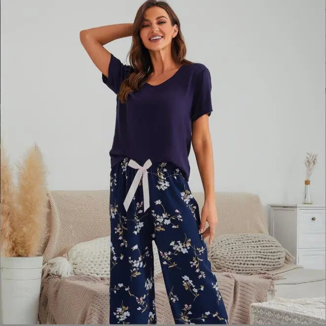 Breathable 2PCS Pajama Short Sleeve Printed Pijama Mujer Femme Loose Nightwear Suit Female Casual Homewear Pajama Set For Women