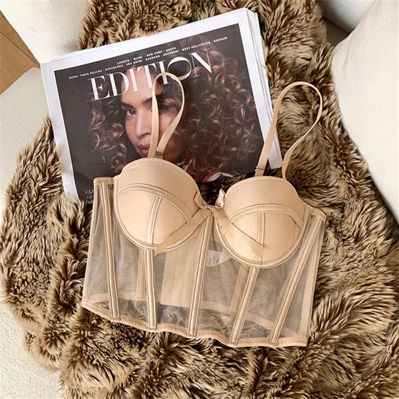 Lace Bra Sexy Mesh Underwear Women Hollow Out Shape Half Cup Soft Bralette Anti-sag Push Up Bow Thicken Women Underwear Set