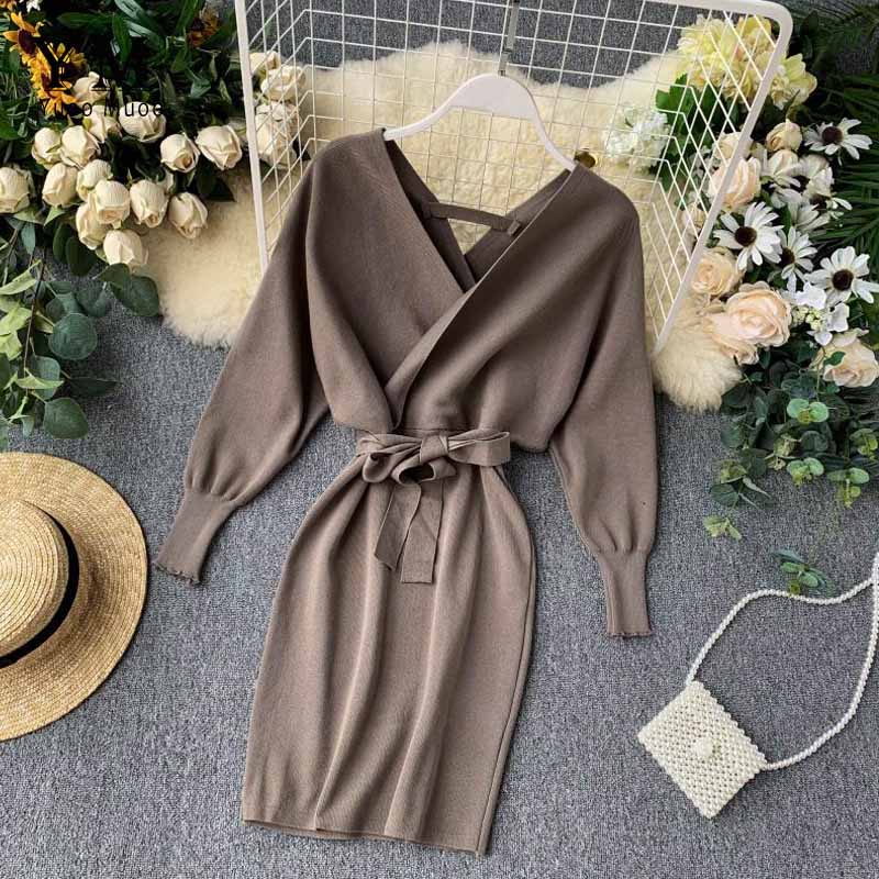 YuooMuoo Autumn Winter Women Knitted Sweater Dress 2022 New Korean Long Batwing Sleeve V Neck Elegant Dress Ladies Bandage Dress