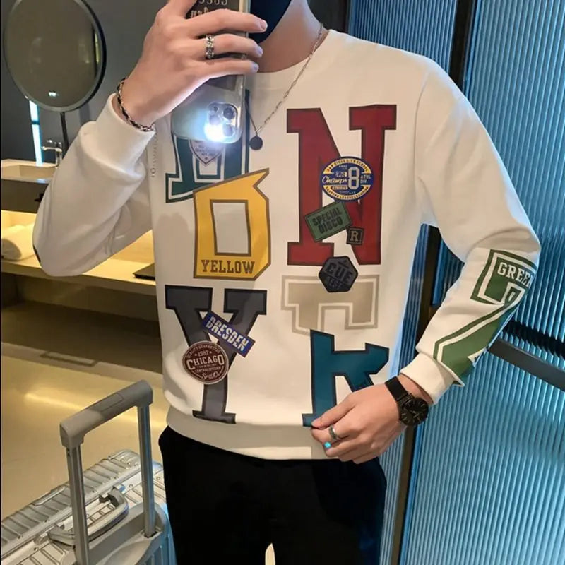 Fashion O-Neck Loose Printed Letter Sweatshirts Men's Clothing 2023 Autumn Winter New Oversized Korean Tops Casual Sweatshirts