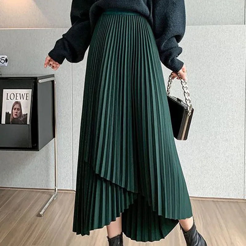 Korean Temperament High Waist Asymmetrical Pleated Skirt 2023 Summer New Style Midi Skirts Solid Color Chic Slit A-line Skirt