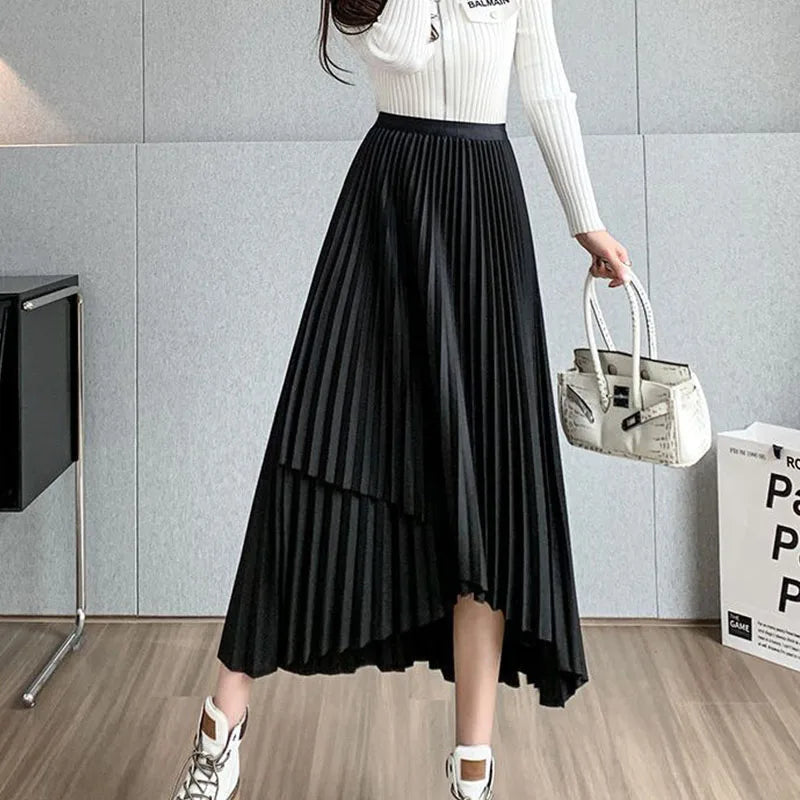 Korean Temperament High Waist Asymmetrical Pleated Skirt 2023 Summer New Style Midi Skirts Solid Color Chic Slit A-line Skirt