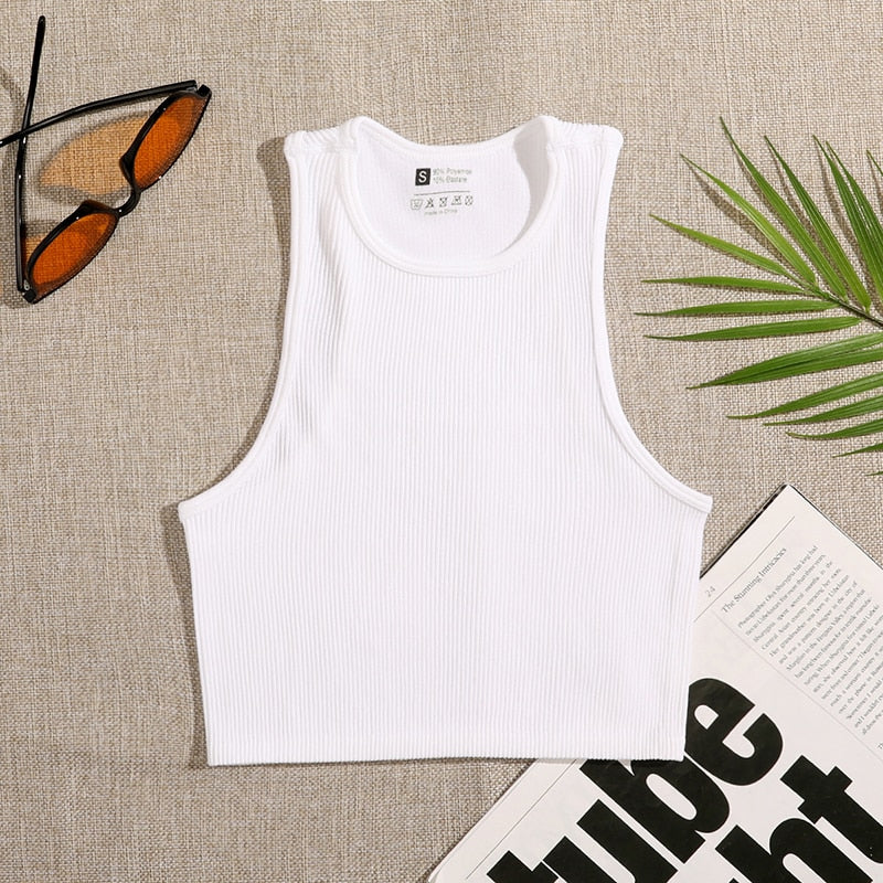 Crop Top Women Solid Basic T-shirts Vest Seamless Streetwear Elastic Rib-Knit Sleeveless Casual Tank Tops Female