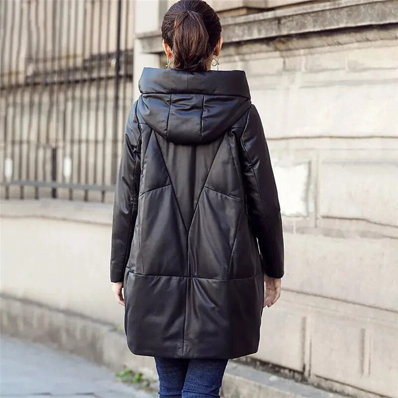 Thicken Snow Parkas Winter Women's Warm Hooded PU Leather Jacket Black Loose Long Coat Windproof Female Cotton Leather Overcoat