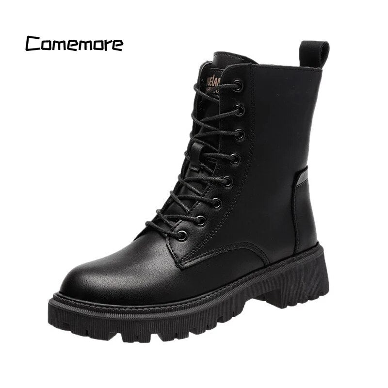 Comemore Black Leather Boot Ankle Booties Plush Warm Platform Shoe Fashion British Style Botas Winter Furry Boots Women Shoes 40