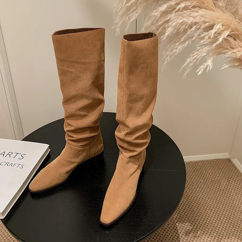 Knee- High Boots Lady Slip On Simple Pleated Cow Suede Winter Botas Wide Calf Spring Autumn Woman Boots Bohemia Slouchy Boots