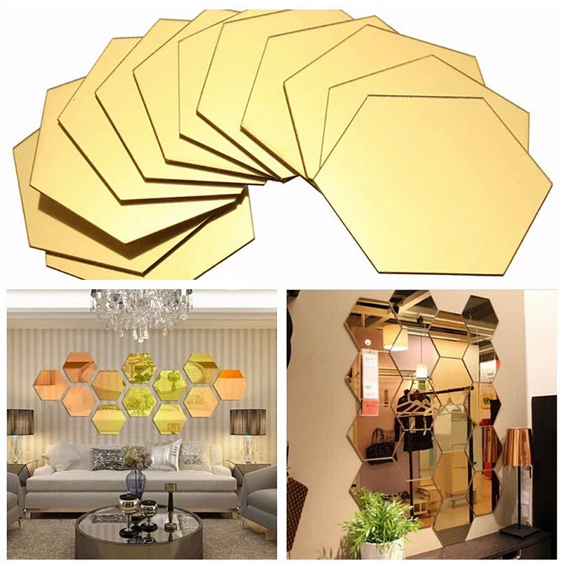 12Pcs 3D Regular Hexagon Honeycomb Decorative Acrylic Mirror Wall Stickers Living Room Bedroom Poster Home Decor Room Decoration